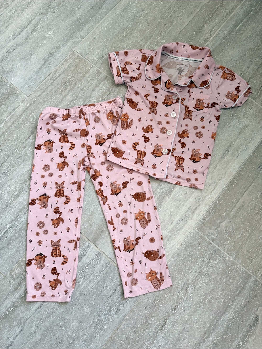 Catherine Malandrino Girls 4T Pajama Set Pink Raccoon Woodland Button Up PJs